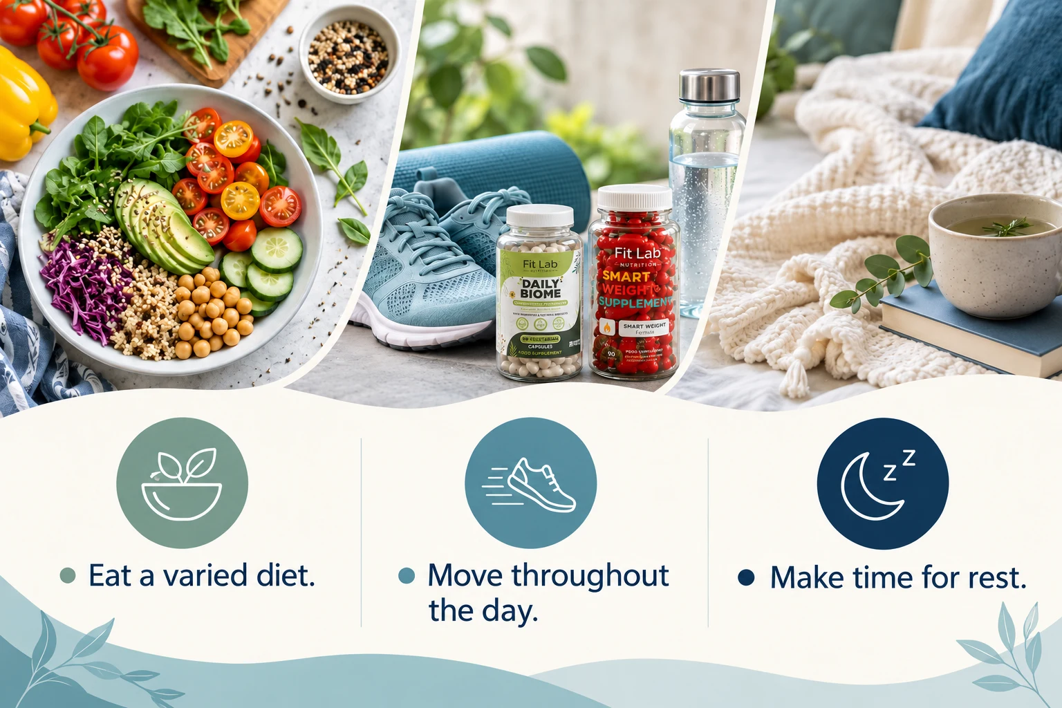 Welcome to a More Balanced Way of Living: Eat a varied diet. Move throughout the day. Make time for rest.