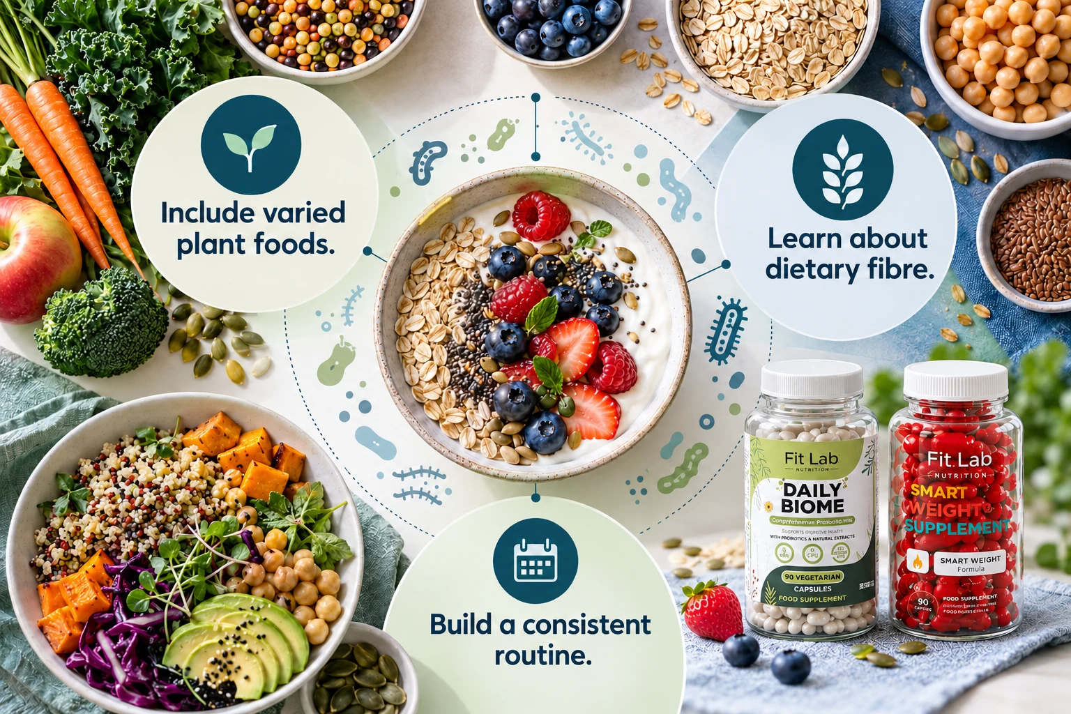 Microbiome Wellness Education: Include varied plant foods. Learn about dietary fibre. Build a consistent routine.
